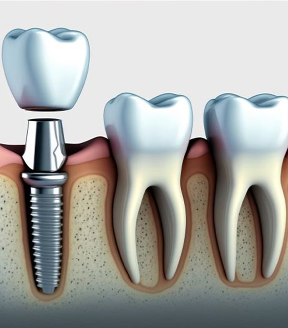 Illustration of dental implant next to natural teeth